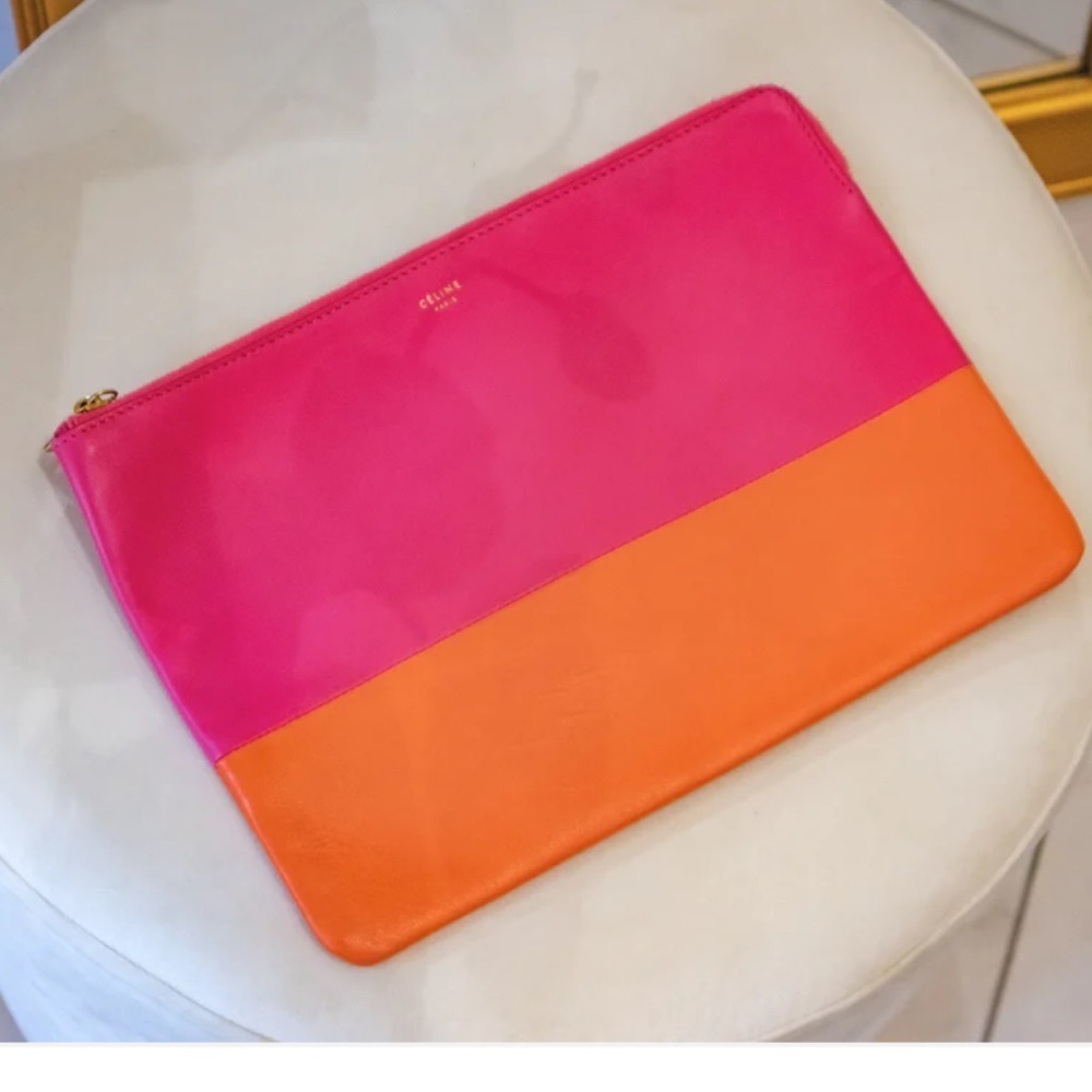 CELINE Clutch Hot Pink & Orange Color Blocking Soft Leather Pochette - Picture 2 of 13